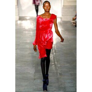 Michael Van Der Ham Red Velvet One Sleeve Mini Holiday Dress, Size 6 US | 10 UK